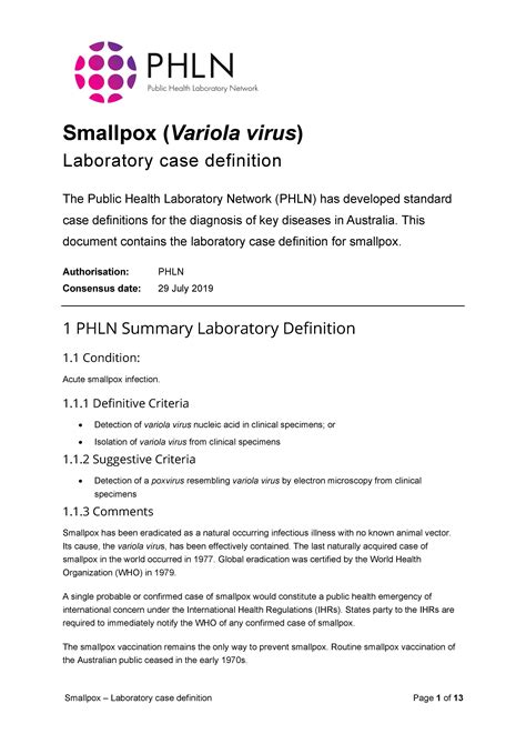 Smallpox Laboratory Case Definition Australian Government