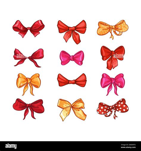 Bow For Hair Decor Flat Vector Illustrations Set Red Pink Yellow Ribbons Isolated On White