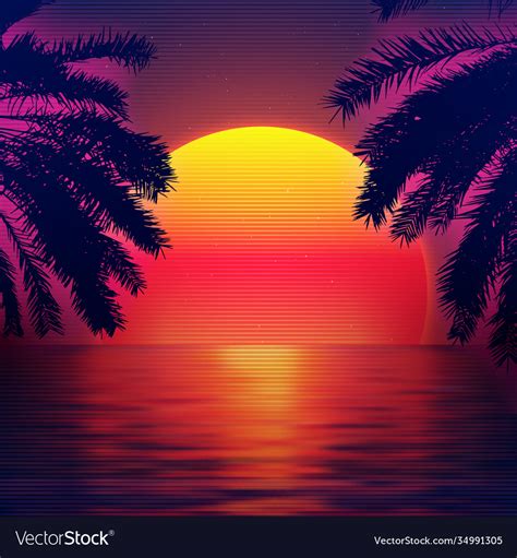 3d Sunset On Beach Retro Palms Sci Fi Royalty Free Vector