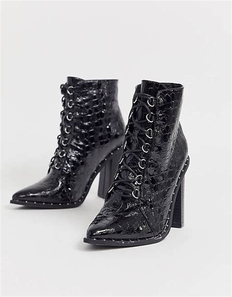 missguided heeled hiker ankle boot in black croc asos