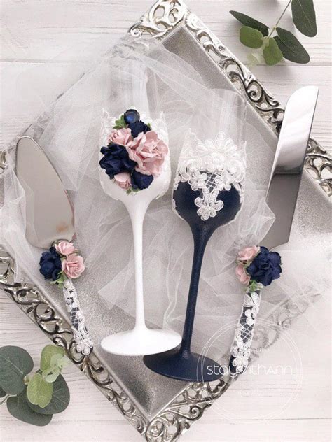 Navy Blue And Dusty Rose Wedding Champagne Flutes Bride And Etsy
