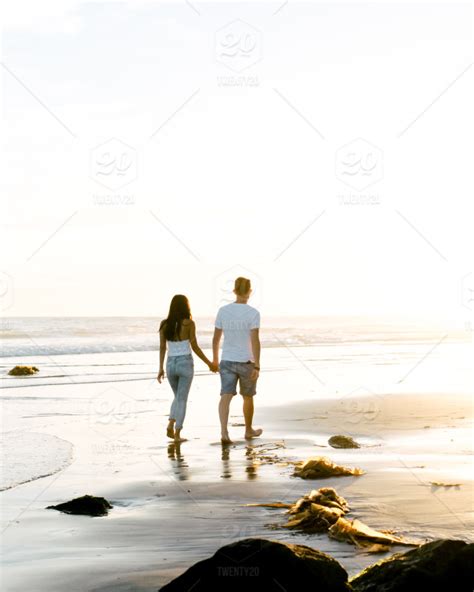 Sunset Beach Walking Couple Love Holding Hands Together Lovers