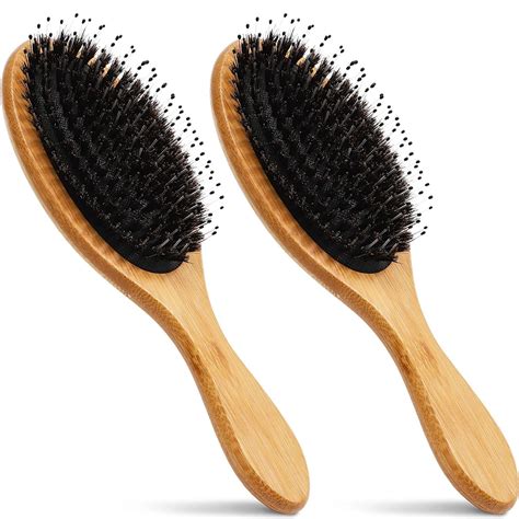 2 Pack Boar Bristle Hair Brush With Nylon Tip Oval Comb With Bamboo