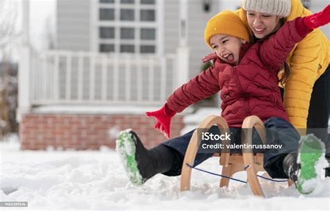 A Bigger Sister Rides Her Brother On A Sled In Front Of Their House In A Snowy Winter Frosty Day