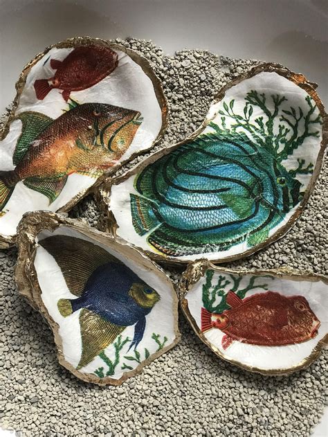 Decoupaged Painted Oyster Shell Ring Dish Decorated Oyster Etsy