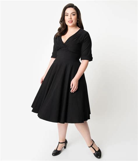 Unique Vintage Plus Size 1950s Black Delores Swing Dress With Sleeves