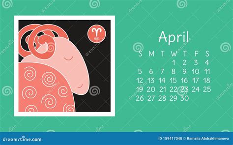 April 2020 Calendar Zodiac Sign Aries Vector Horoscope