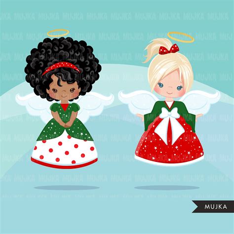 Christmas Angels Clipart Bundle Noel Illustrations Black Girl Afro