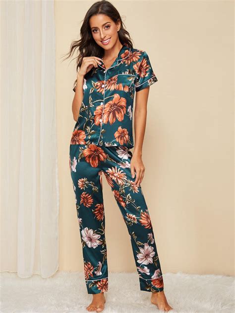 Floral Print Satin Pajama Set Romwe Cute Sleepwear Sleepwear Sets