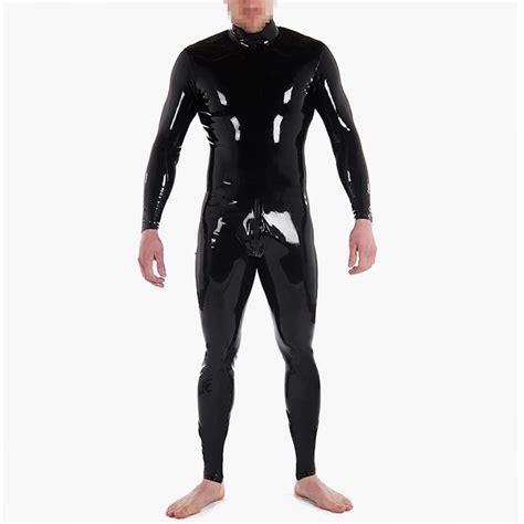 Neck Entry Latex Catsuit Men Latex Unitard With Crotch Zipper And Back