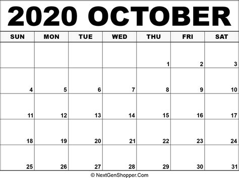 Printable October 2020 Calendar Template Task Management Guide