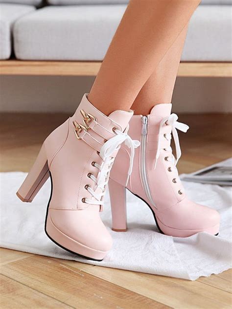 Pink Round Toe Chunky Heel High Heel Lace Up Platform Ladies Mart