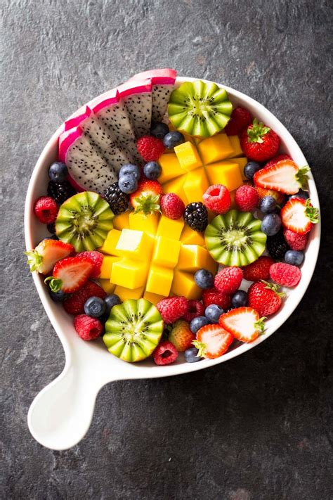 Each yummy, easy fruit salad recipe is free of added sugar, low in fat and calories and high in fiber and remember each fruit salad recipe can be changed based on your own individual taste or whatever. How to arrange a fruit platter - Green Healthy Cooking