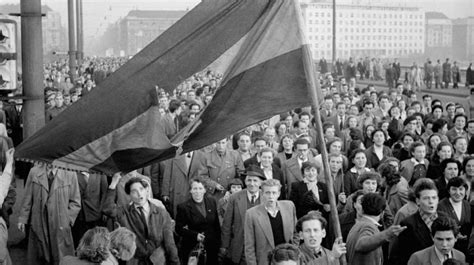 Hungarian Revolutionaries Wave The National Flag With The Hammer And