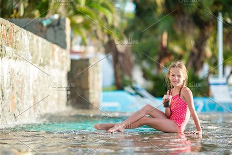 Adorable Little Girl Relax Near Swimming Pool High Quality Nature
