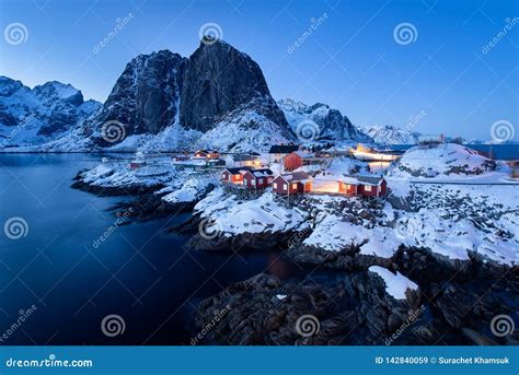 Fishermenâ€ S Cabins Rorbu In The Hamnoy Village At Twilight In Winter