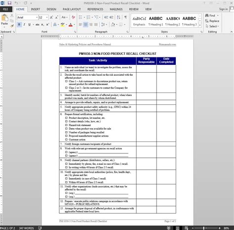 Non Food Product Recall Checklist Template Word