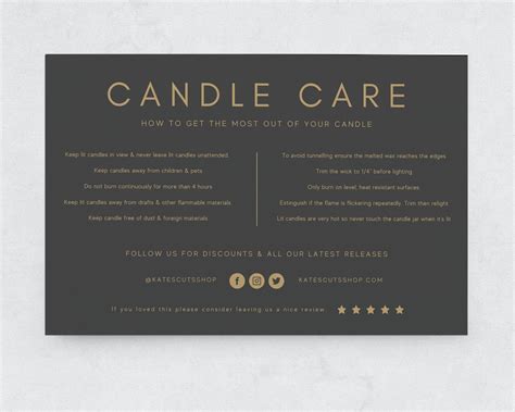 Gold Candle Care Card Template Editable Candle Instructions Etsy