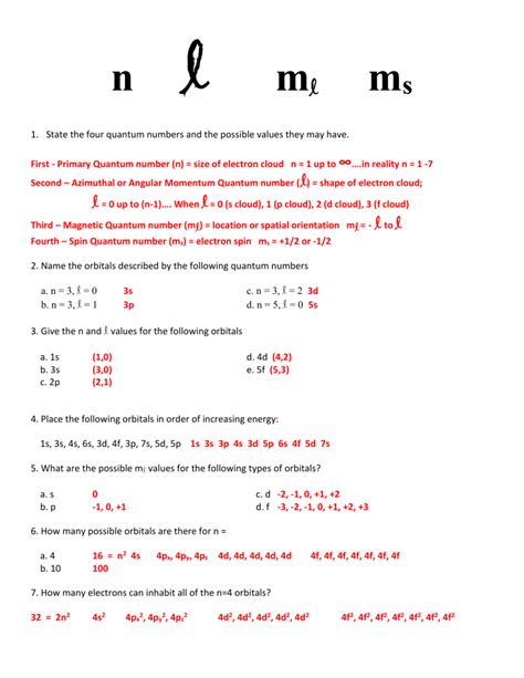 Quantum Numbers Worksheet 5.1
