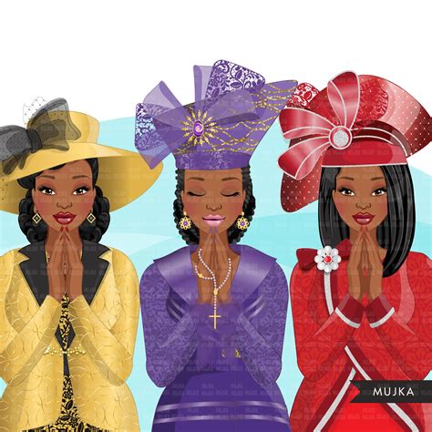 Church Ladies Clipart 3 Praying Sisters Sublimation Designs Black Wo