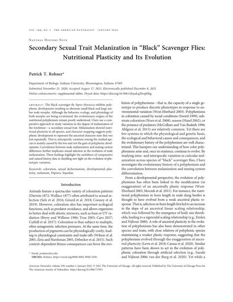 Pdf Secondary Sexual Trait Melanization In “black” Scavenger Flies Nutritional Plasticity And