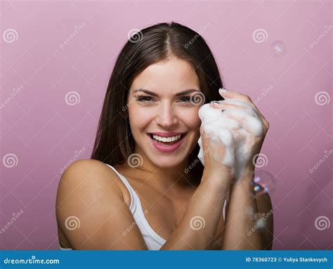 Beautiful Young Woman Washing Up Her Face Stock Image Image Of Foam