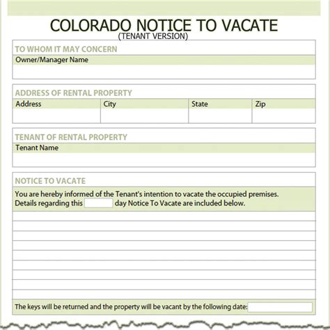30‑day termination notice tenant in possession to: Colorado Tenant Notice to Vacate