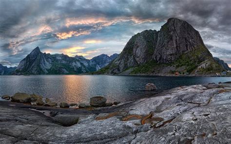 Download Wallpapers Lake Mountains Norway Evening Lofoten For
