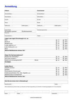 Anmeldeformular, Anamnese | Vorlage, Muster zum Ausdrucken