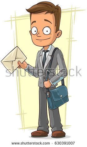 Beautiful elegant illustration graphic art design. Cartoon young standing cute postman in grey jacket with ...