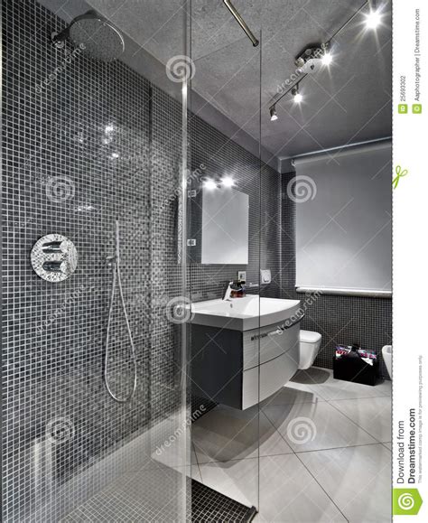 Modern shower designs, glass enclosures and stylish bathtubs can dramatically change bathroom design and add a contemporary vibe or industrial feel to these functional rooms. Modern Bathroom With Glass Shower Cubicle Stock Photo - Image of bathroom, stall: 25693302