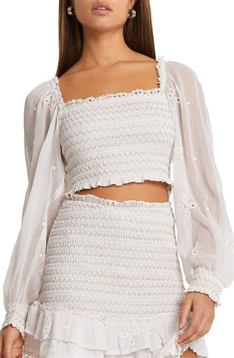 Buy River Island Smocked Blouson Sleeve Crop Top White At 40 Off
