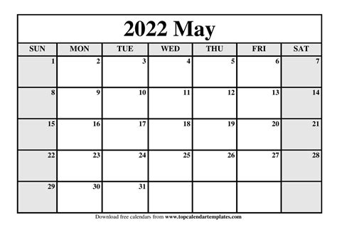 Blank May 2022 Printable Calendar Free Templates