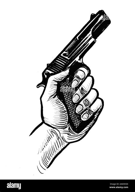 Hand Holding A Gun Ink Black And White Drawing Stock Photo Alamy