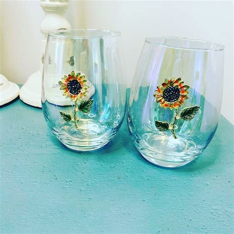 Set Of 2 Iridescent Stemless Wine Glasses With Sunflower Etsy