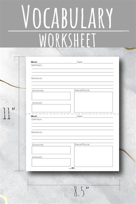 Vocabulary Worksheet Template For Students Printable Instant Etsy
