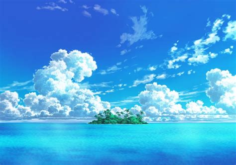 Anime Island Ocean Clouds Sky Wallpaper 997x700 Download Hd
