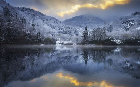 Nature Landscape Hills Snow Winter Lake Clouds Sunset Water