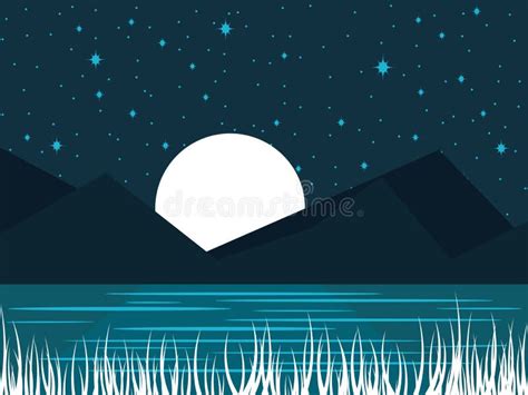 Night River Landscape With A Full Moon Midnight Lake With Moonlight