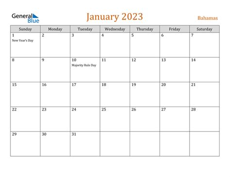 January 2023 Calendar With Bahamas Holidays