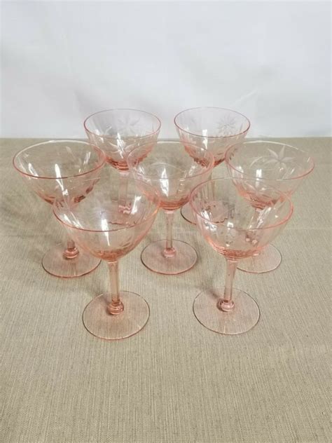 pink depression glass etched optic panel stemmed water wine glasses set of 7 antique price
