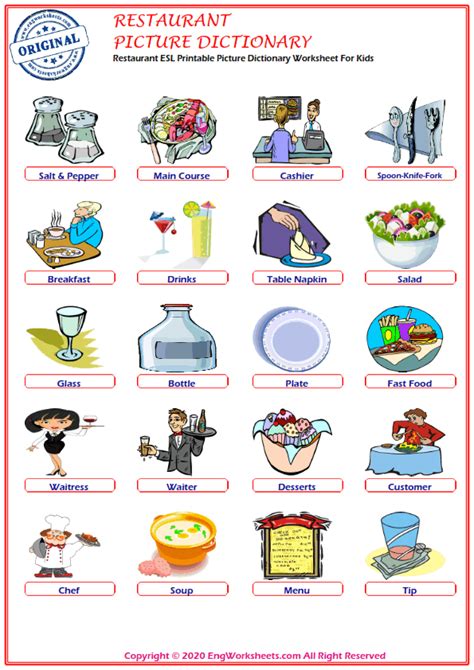 Restaurant Printable English Esl Vocabulary Worksheets Engworksheets