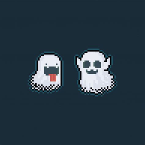 Pixel Art Cute Ghost Characters With Glowing Light Vector