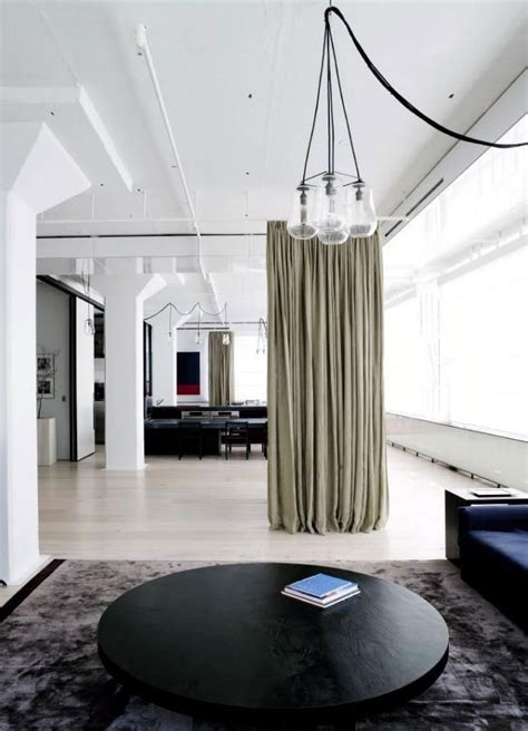 Please activate subscription plan to enable printing. Linen Drapes industrial loft open floor plan black ...
