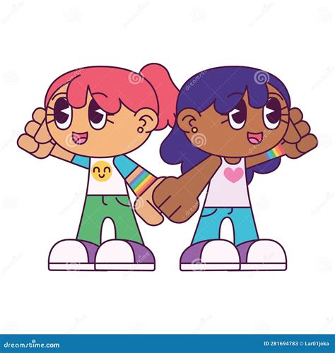 Cute Lesbian Chibi Couple Characters Holding Hands Vector Stock Vector Illustration Of