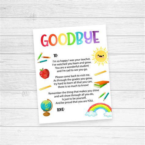 T From Teacher End Of School Letter Goodbye Poem To Etsy Uk