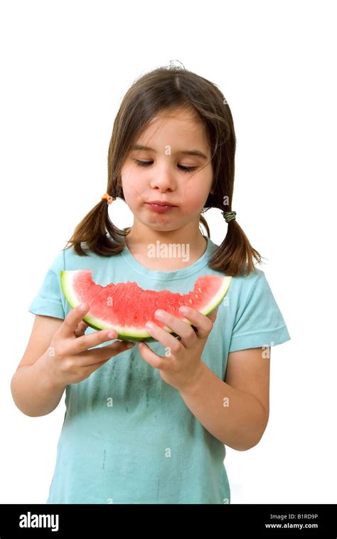 Girl Eating Watermelon Isolated On White Background Stock Photo Alamy