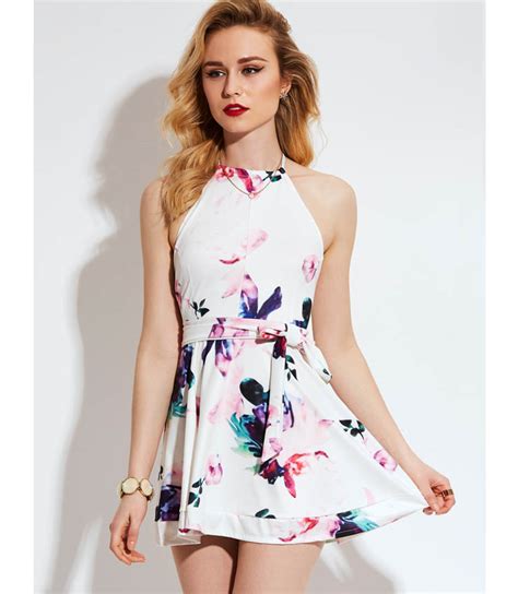 Floral Halter Backless Short Mini Dress N