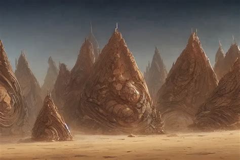 A Mysterious Alien Desert Landscape With Giant Fractal Stable