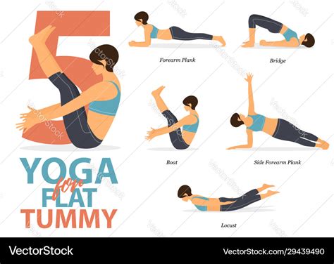 Infographic 5 Yoga Poses For Flat Tummy Royalty Free Vector